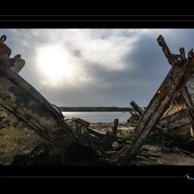 Photo artistique d’épaves marines sur vase, bois éclaté, membrures visibles, lumière diffuse, ambiance portuaire abandonnée. Idéal pour blog sur patrimoine maritime, design nostalgique ou inspiration artistique. Mots-clés : épaves bateau, bois ouvert, vase portuaire, courbes marines, photographie artistique, textures maritimes, Ordigraph