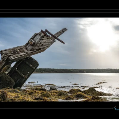 Photo artistique des restes de poupe et safran marin, bois penché, algues portuaires, lumière rasante. Ambiance portuaire abandonnée, idéale pour blog sur patrimoine maritime, design nostalgique ou inspiration artistique. Mots-clés : poupe bateau, safran marin, bois penché, algues portuaires, photographie artistique, textures maritimes, Ordigraph