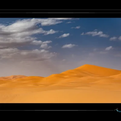 Photographie artistique de désert doré sous ciel nuageux — dunes naturelles, ambiance poétique et contemplative, idéale pour décoration murale, inspiration voyage, ou contenu visuel sur les paysages arides et la beauté silencieuse des grands espaces. Ordigraph